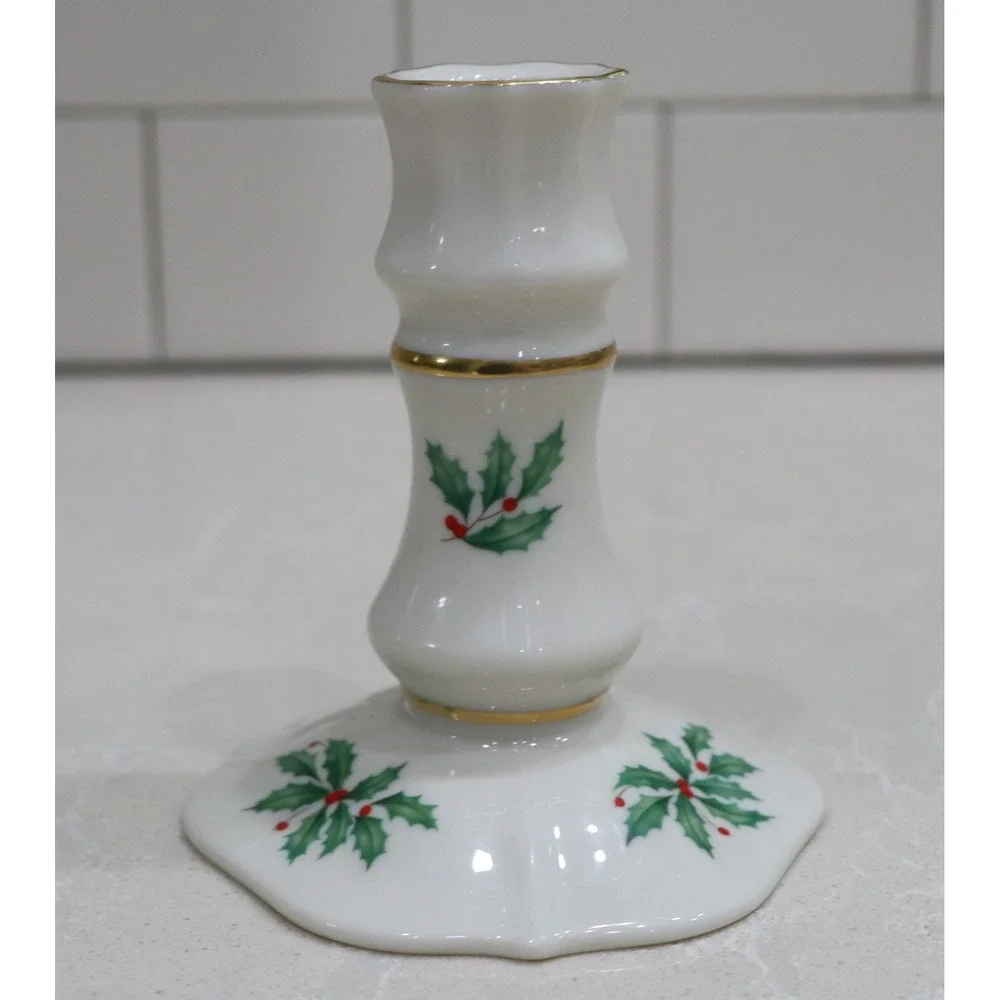 Lenox Holiday Candlestick Holder Holly Berry Gold Trim Ivory China Made in USA